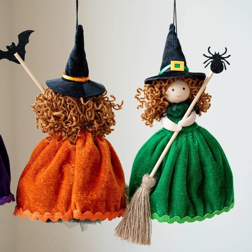 Handmade Halloween Broom Girl Pendant Pumpkin Bat Spider Soft Stuffed Curly Hair Witch Hanging Doll Velvet Skirt
