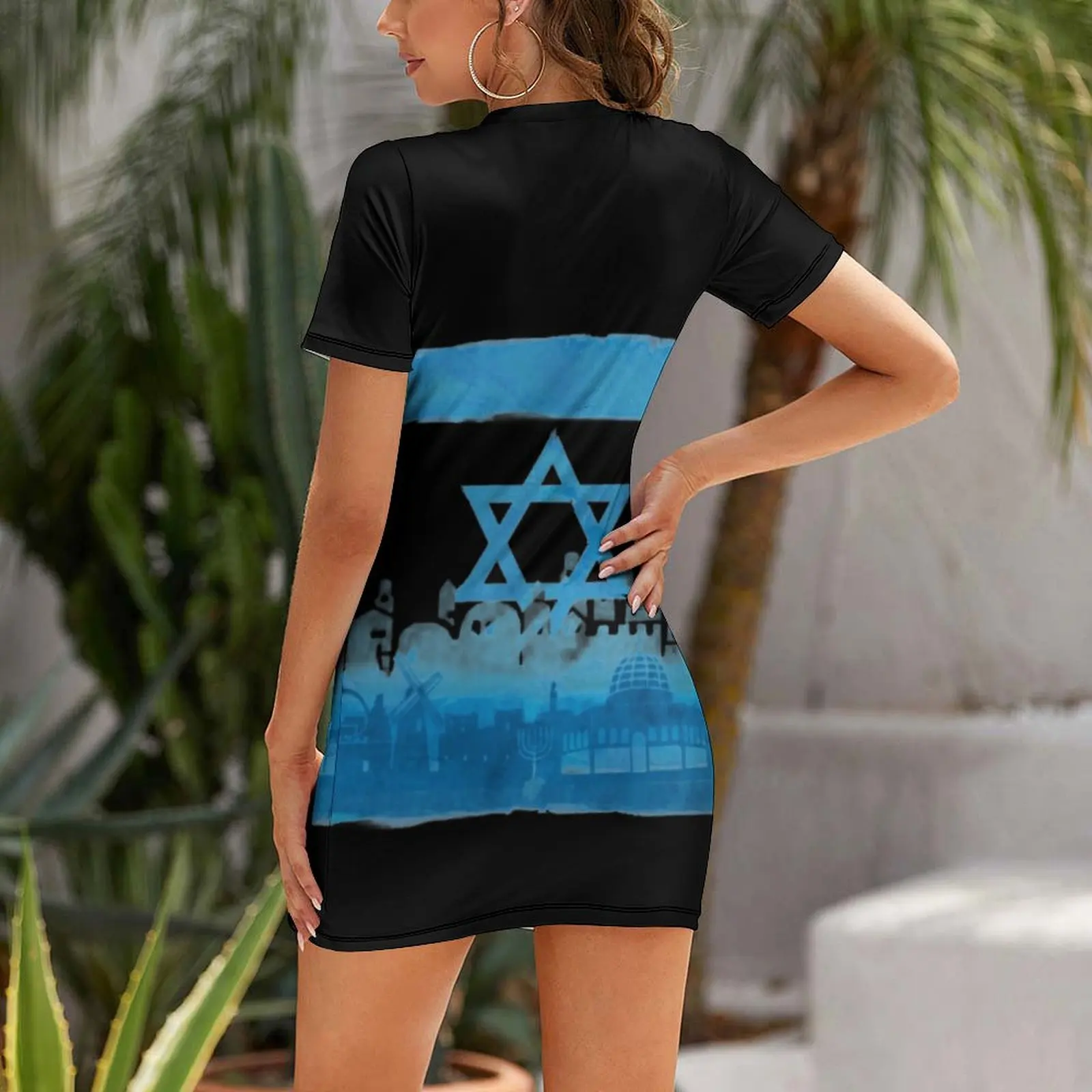 Israeli Flag & City Skyline   Watercolor Classic Sexy  Woman's Gown Short Sleeved Dress Joke Cocktails Strappy Dress