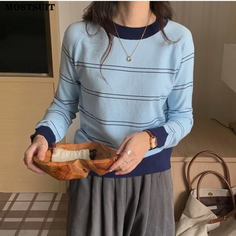 

Корейский полосатый вязаный свитер, трикотаж, женский весенний пуловер с длинными рукавами и круглым вырезом 2026, топы, повседневные модные свободные женские джемперы