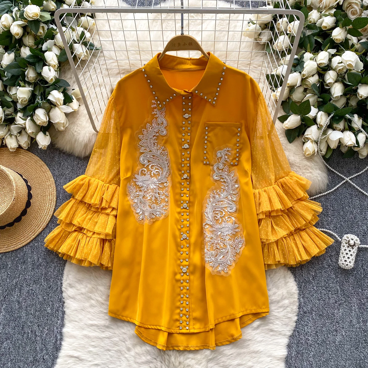 

Vintage Elegant Embroidered mesh satin Top Korean Streetwear High Street Autumn Basics T-Shirts