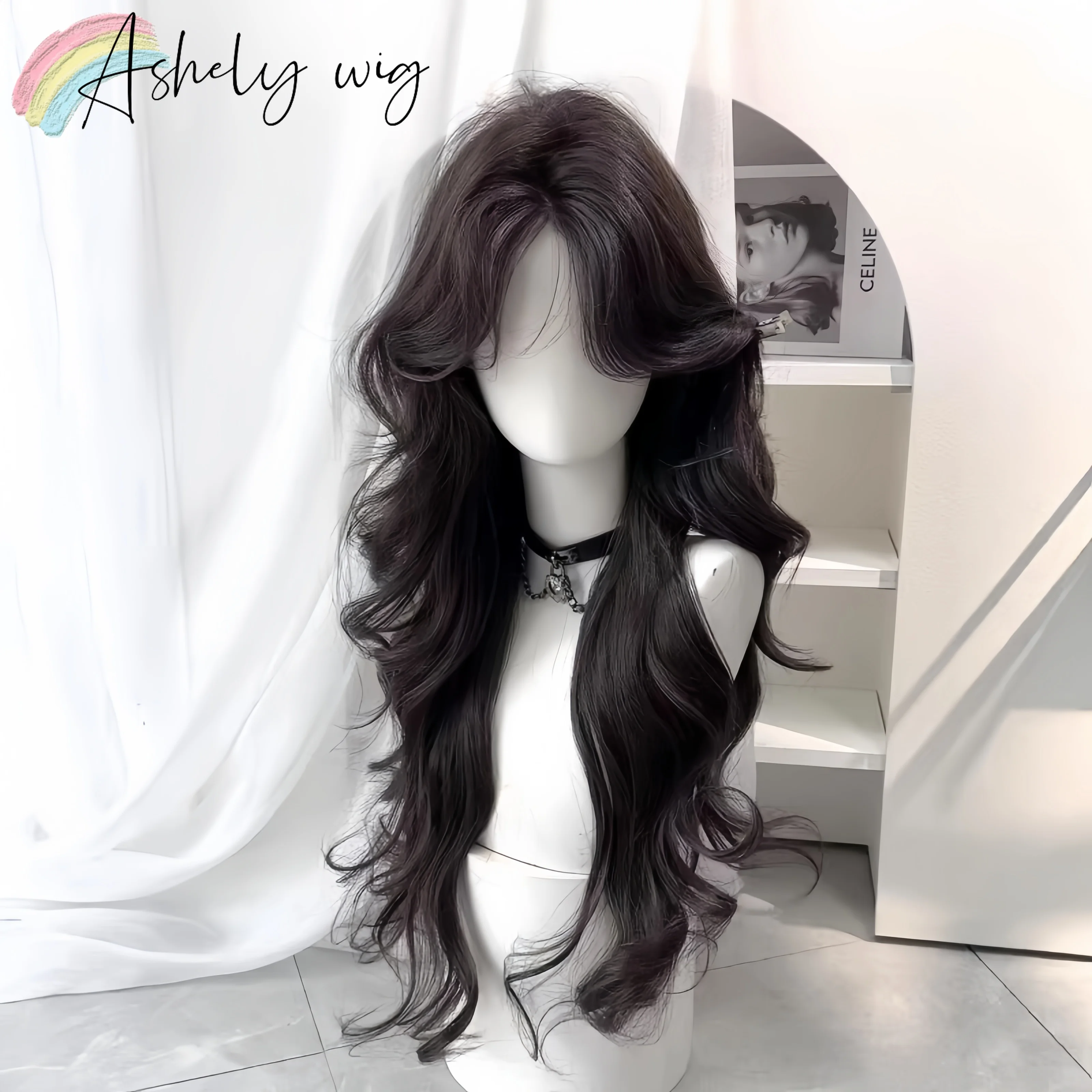 Ashely Wig for Women Long Wavy Wig with Curtains Bangs High Temperature Fibers 26inch Body Wave Lolita Synthetic Wigs for Daily