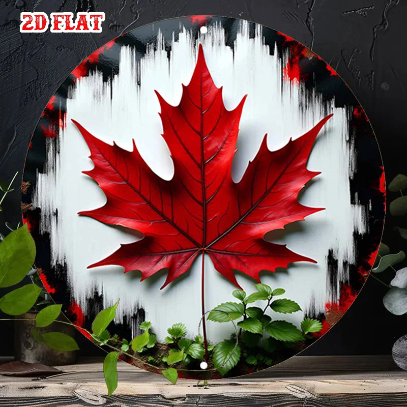 2D Flat, 1pc Vintage Round Aluminum Wall Art Sign - Bold Red Maple Leaf Rustic Metal Decor, Contrasting Design, Wall-Mounted
