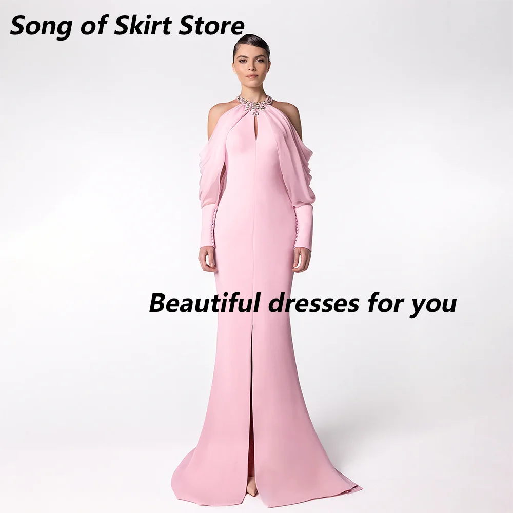 فستان سهرة وردي مخصص أنيق كريستال رقبة عالية وأكمام طويلة فساتين لحضور الحفلات الموسيقية حورية البحر العربية رداء حفلات الزفاف 2025 #2