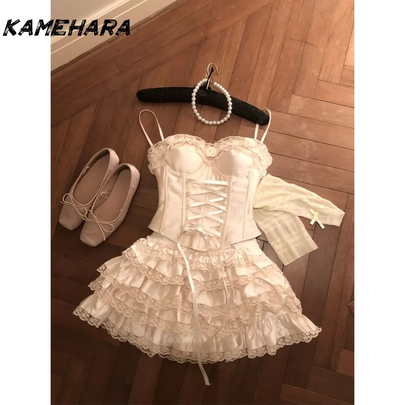 

KAMEHARA French Sweet Heavy Industry Design Lace Strap Top Summer New High Waist Puff Cake Skirt 2 Piece Set Кастюмы Для Женщин