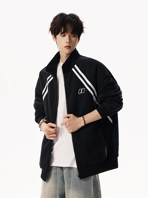 

American Sle Patchwork Stripe Sweatirt Jaet Men's Spring Autumn Cleanfit Sports Casual Stand Collar Loose Open Cardigan