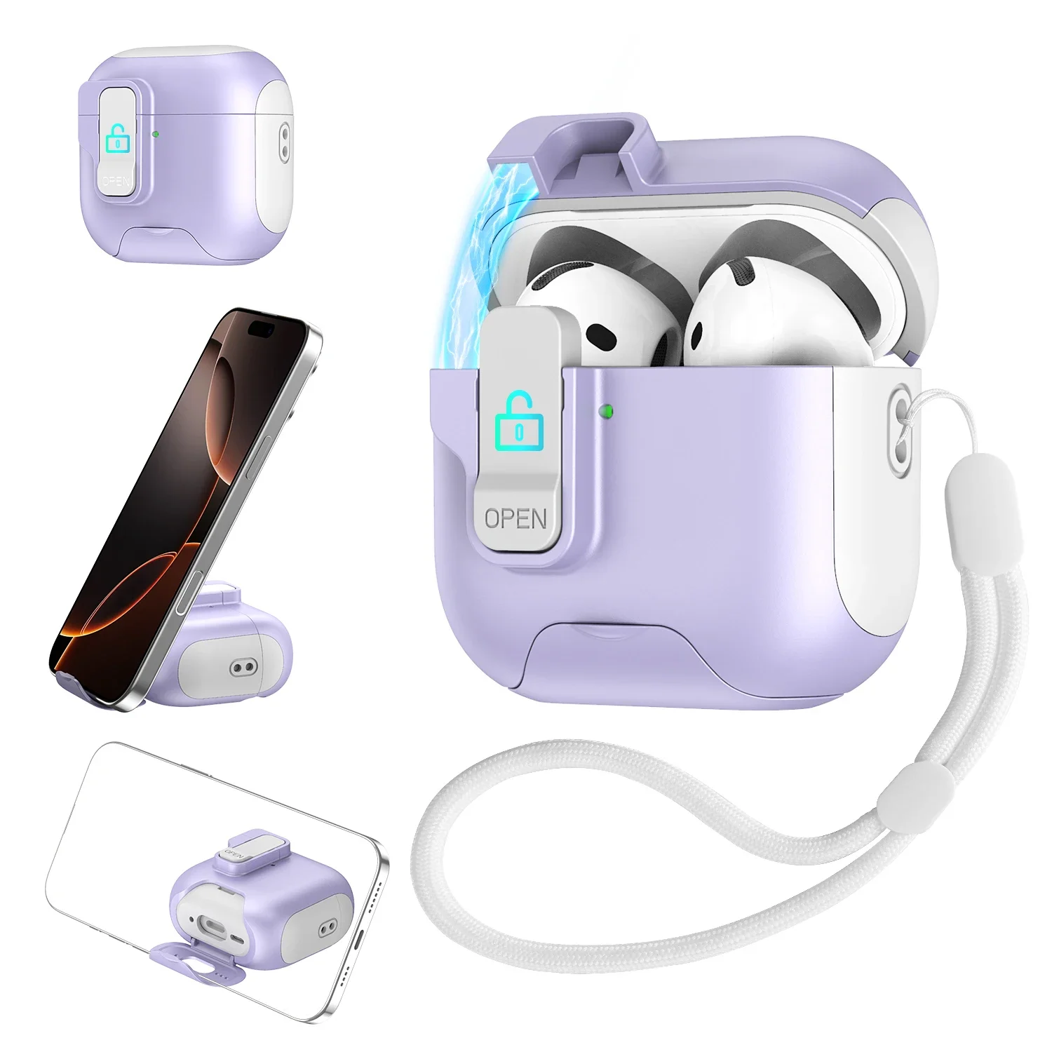 Sleek Multi-purpose Lock Shockproof Bluetooth Earphone Case For AirPods Pro 4 3 2 1 With Lanyard Phone Stand Magnetic Hard Cover