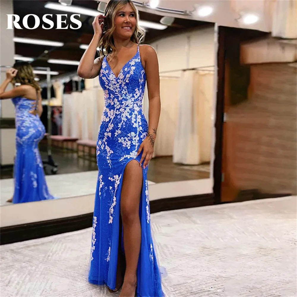 

ROSES Blue Side Split Evening Dresses Lace Up Back Charming Prom Dress Spaghetti Strap Appliques Party Dresses vestidos de noche