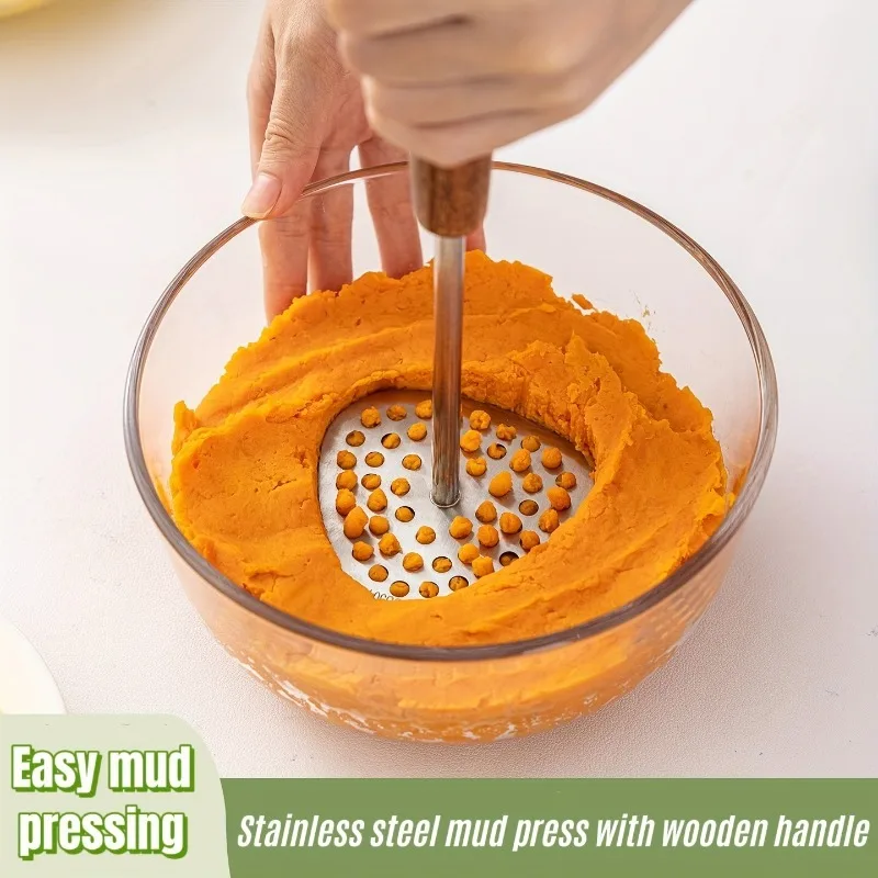 1Pc Lightweight Durable Kitchen Gadget Handheld Stainless Steel Potato Masher With Wood Handle Multifunctional Food Crusher For All Kinds Of Vegetables Pumpkin Sweet Potato