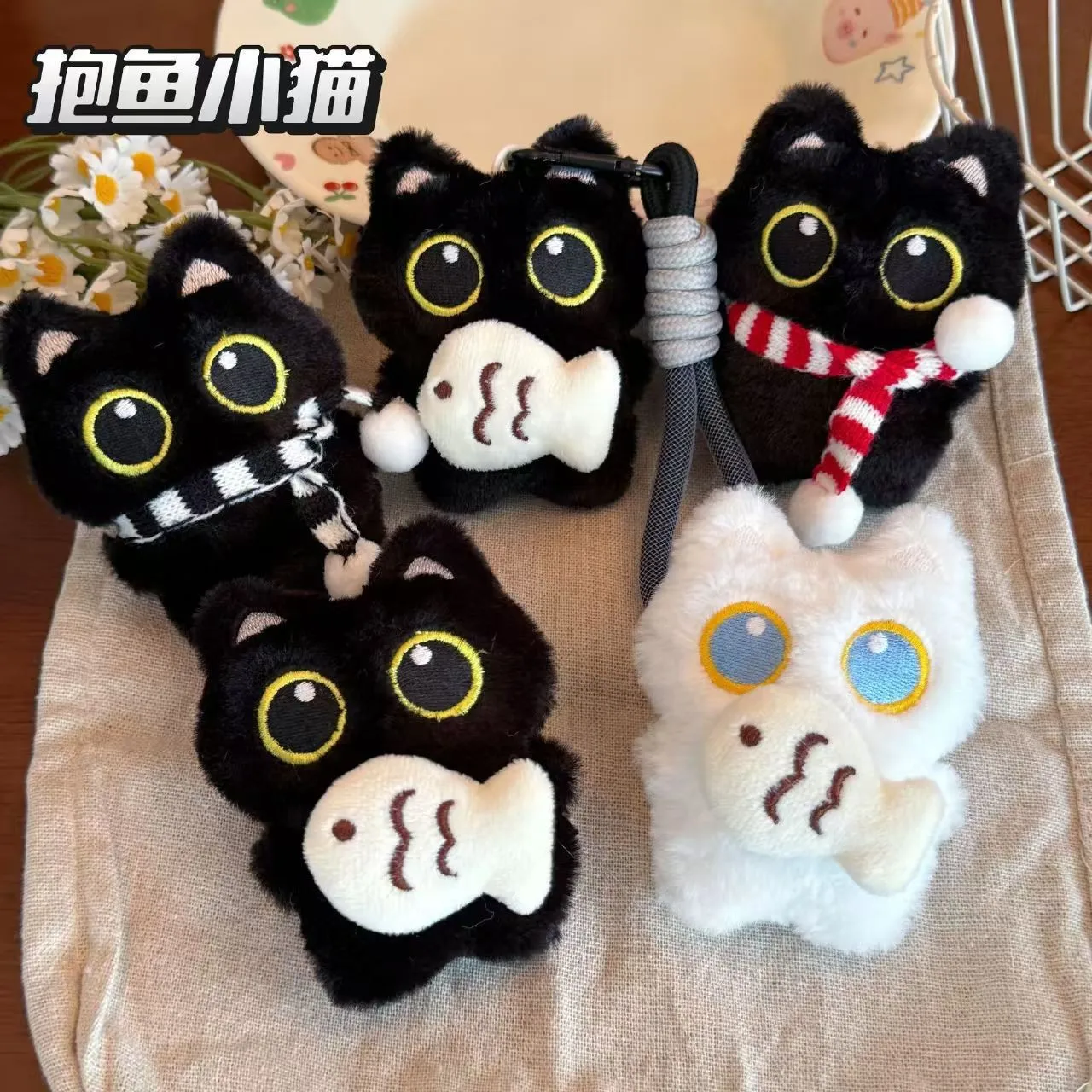 New Scarf Black Cat Plush Doll Keychain Camera Shoulder Bag Doll Bag Pendant Car Key Ring Gifts