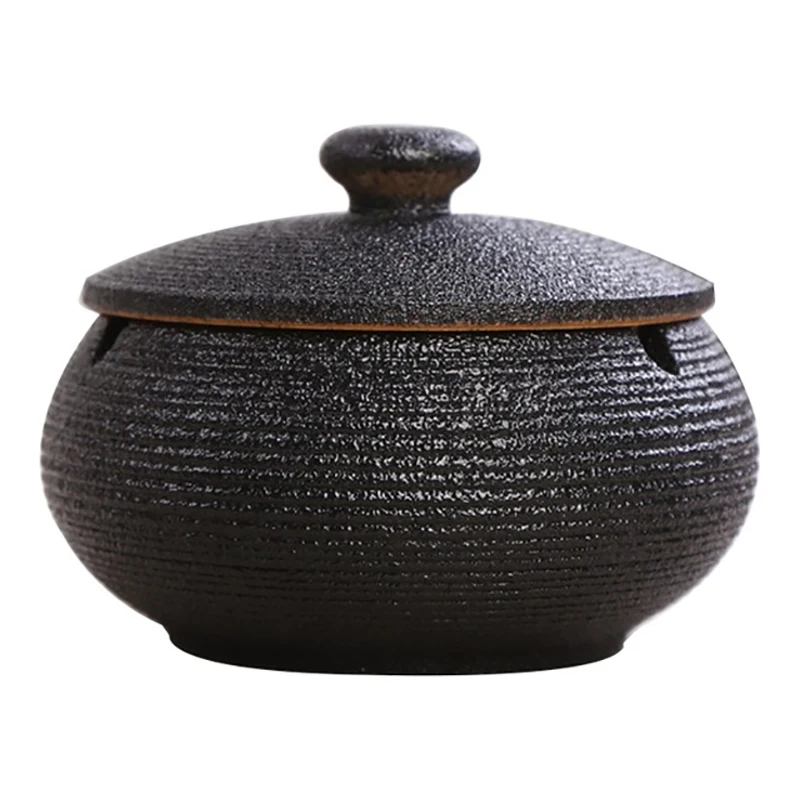 Ceramic Ashtray with Windproof Lid for Indoor Outdoor Use -Black