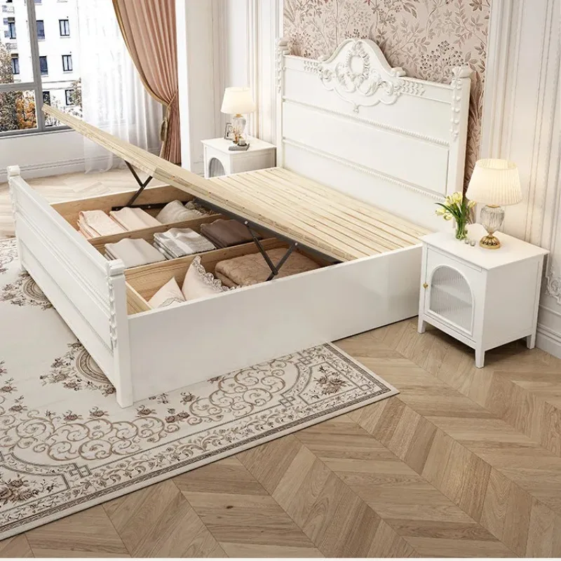

French Organizer Double Bed Decor Frame Queen Size Bedside Table Bed Luxury King Size Headboard Bedroom Furniture