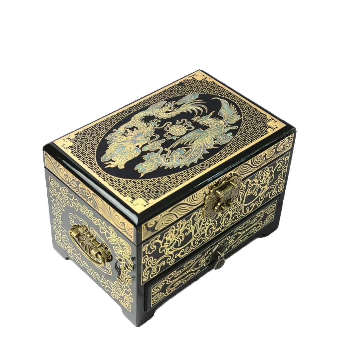 

Lacquerware jewelry box, copper wire inlaid vintage jewelry storage box, Pingyao lacquerware box, wedding gift with lock