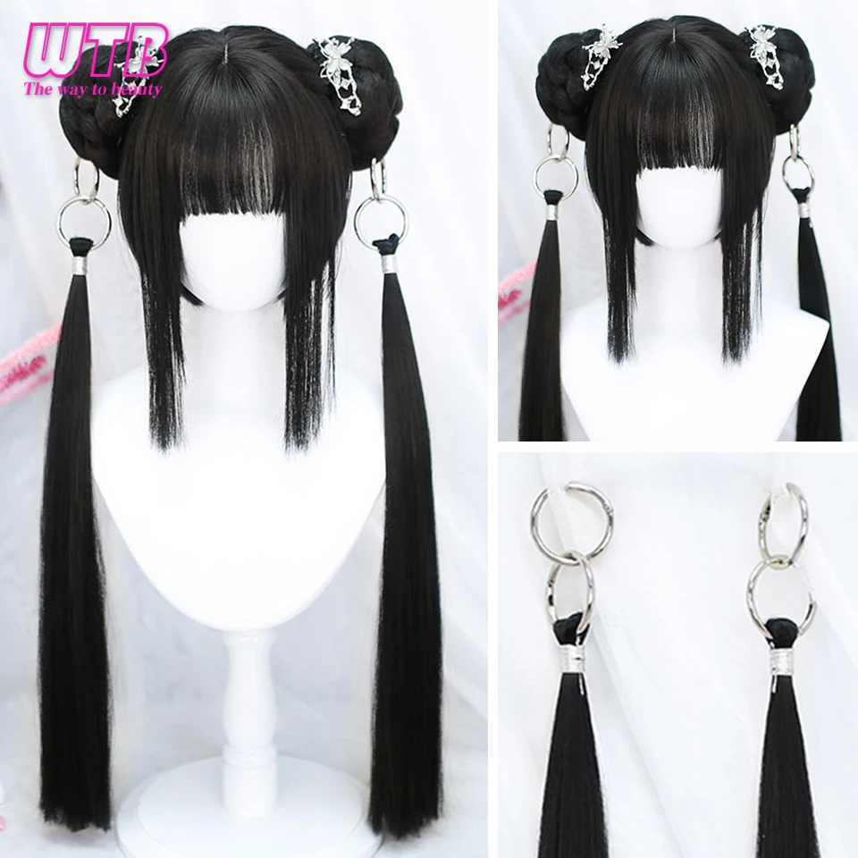 

Black Twin Ponytail Princess Cut Natural Short Hair Synthetic Wigs With Bangs For Women Heat Resistant Cosplay Lolita Hair