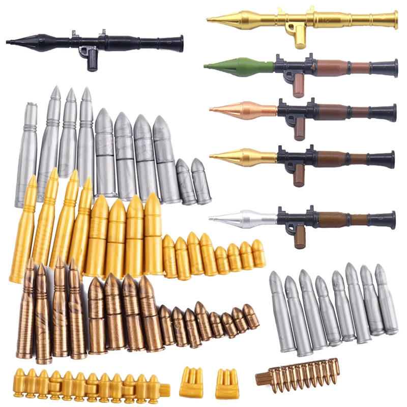 MOC WW2 Military Equipment Building Blocks Soldier Gun Bullet RPG Missile Weapon Box Motorcycle Barrier Fence Oil Drum Brick Toy