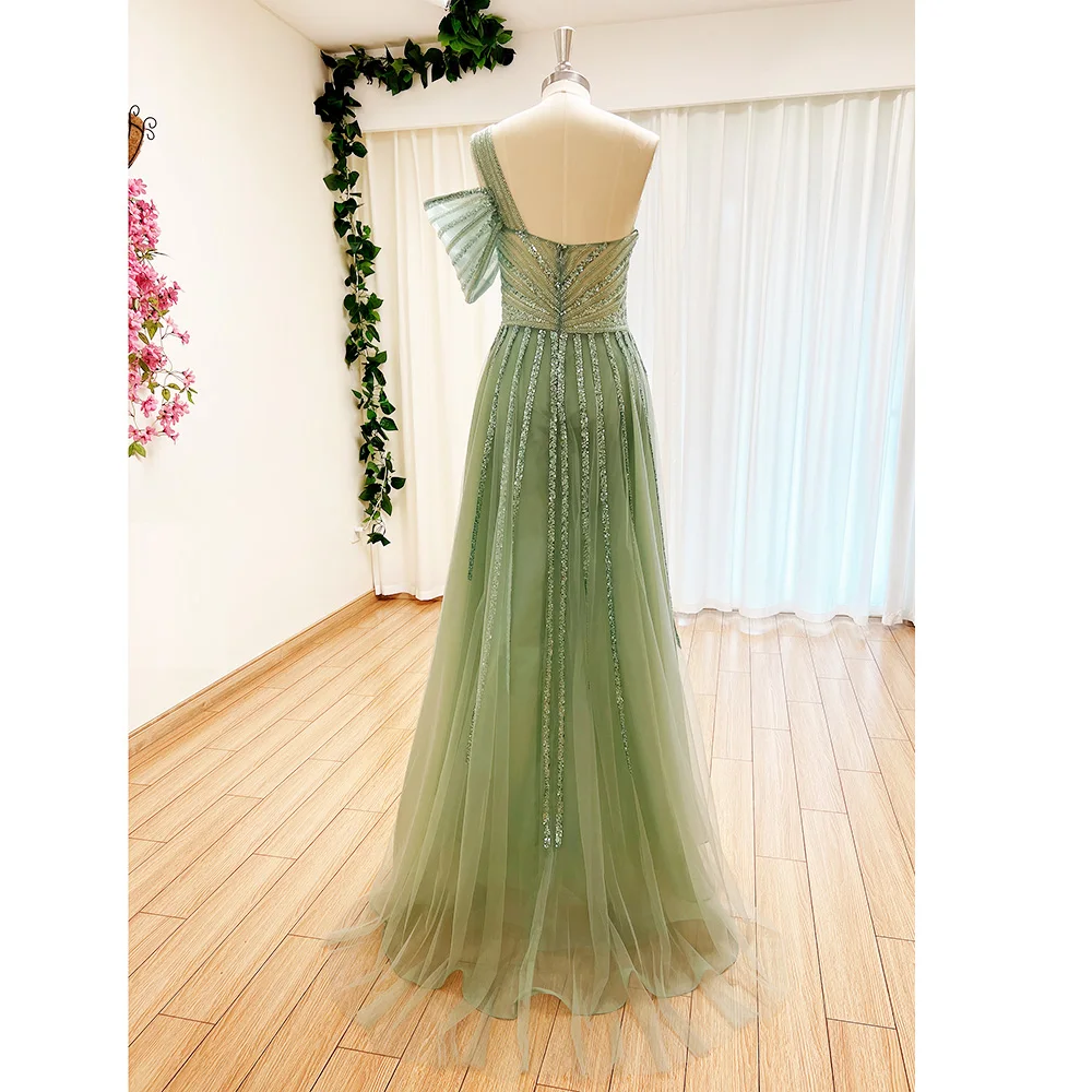 Elegant Dubai One Shoulder Evening Dress for Women 2023 Turquoise High Split Luxury Beaded Long Formal Prom Wedding Party Gowns