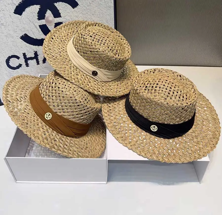

Женская летняя соломенная шляпа-покербол с широкой лентой во французском стиле, пляжная шляпа для защиты от солнца, солнцезащитная шляпа, сомбреро для женщин