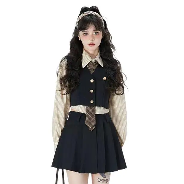 Spring Summer New Korean Style School Uniform Women JK Suit Vintage College Style Vest Pleated Skirt Set Fashion Daily Wear