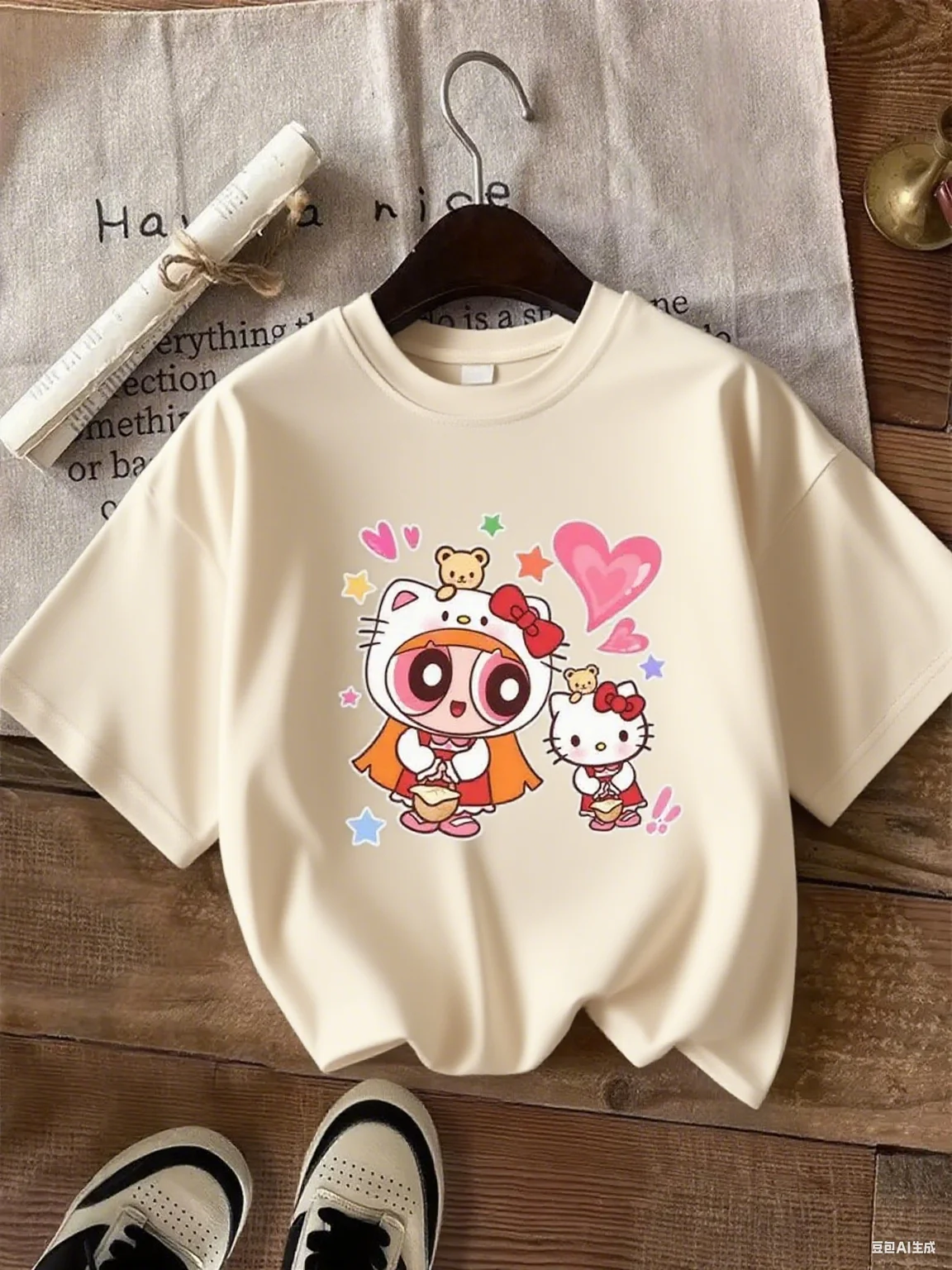 

Повседневная хлопковая футболка с милым кроссовер для девочек Hello Kitty Powerpuff с принтом сердечек, удобная футболка из чистого хлопка, S-4XL