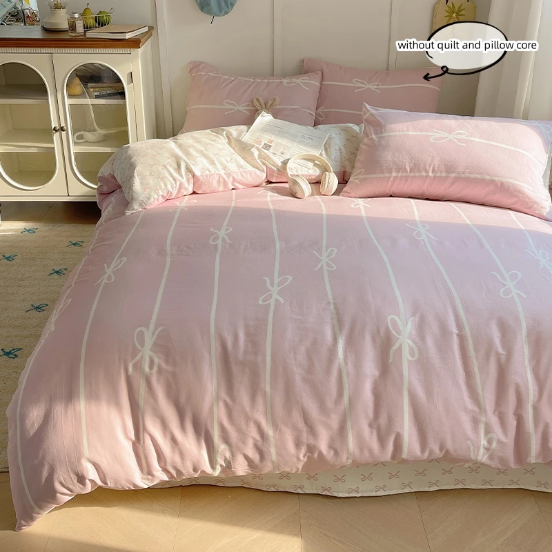 100% cotton pink bow print Duvet Cover Set (1*Duvet Cover + 2*Pillowcase, Without Core),soft fabricBedding Set