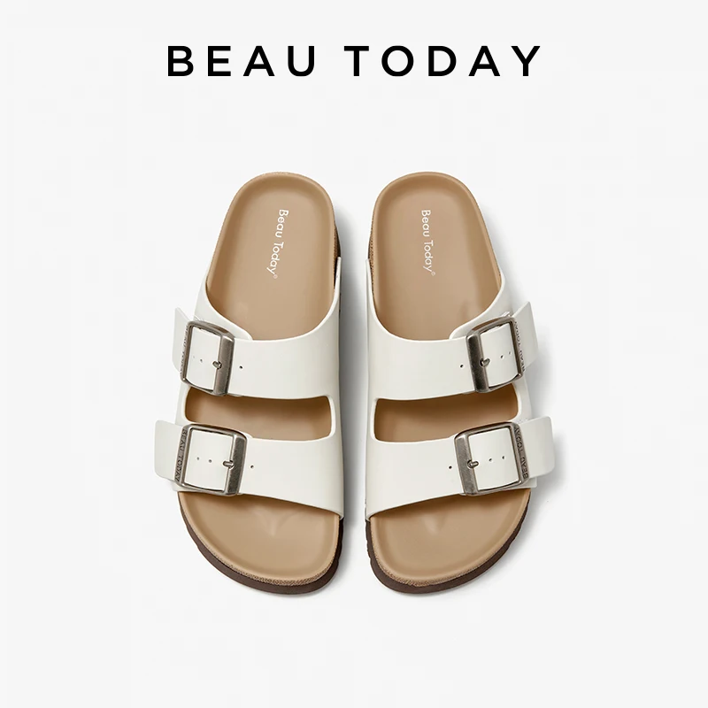 

BEAUTODAY Casual Slippers Women Split Leather Metal Buckle Decoration Summer Beach Ladies Outdoor Shoes Thick Sole A34064