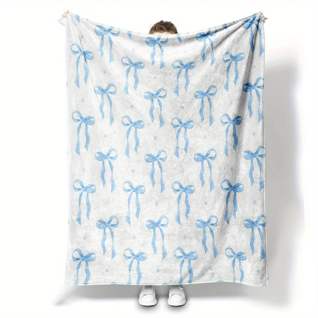 1pc Flannel Blanket, Blue Bow Pattern - Exquisite Design, Suitable for All Seasons for Naps, Sofa, Car - Excellent Gift Choice