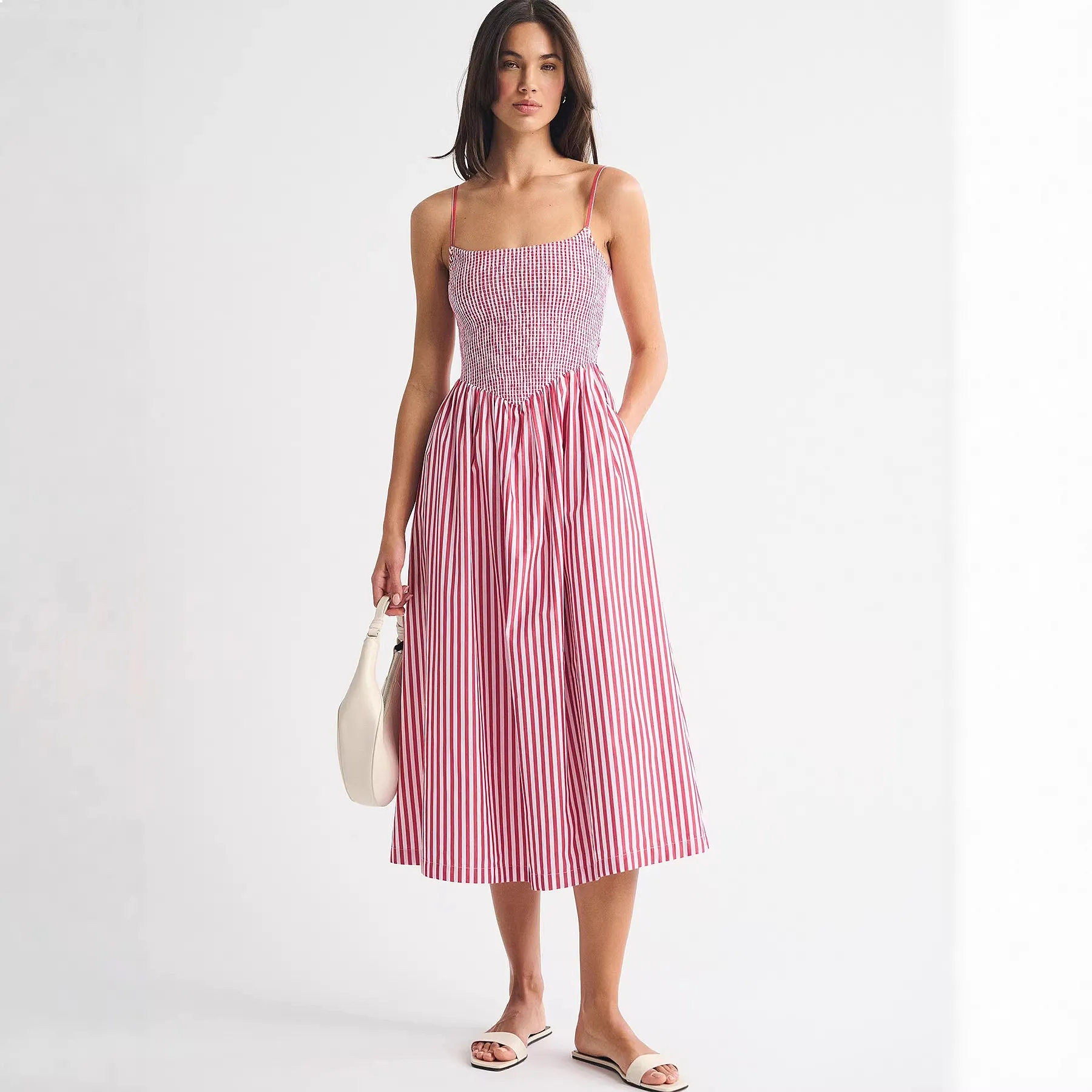 Women's French Stitching Camisole Dress Summer Halter Backless Long Dress Striped Print Pocket Waist A-Line Dress