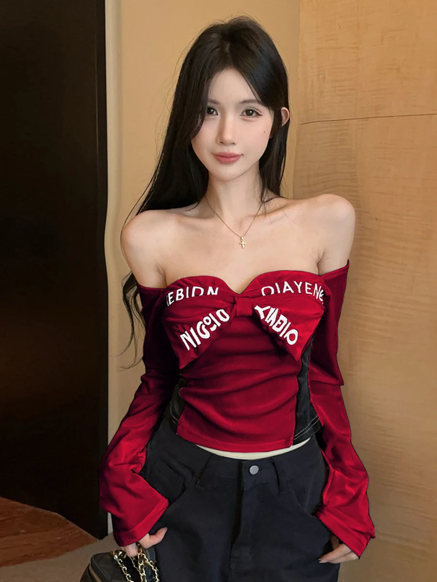 Retro American High Street Spicy Girl Embroidered Print  Knot Color Block One Shoulder Slim Long Sleeve T-Shirt Top