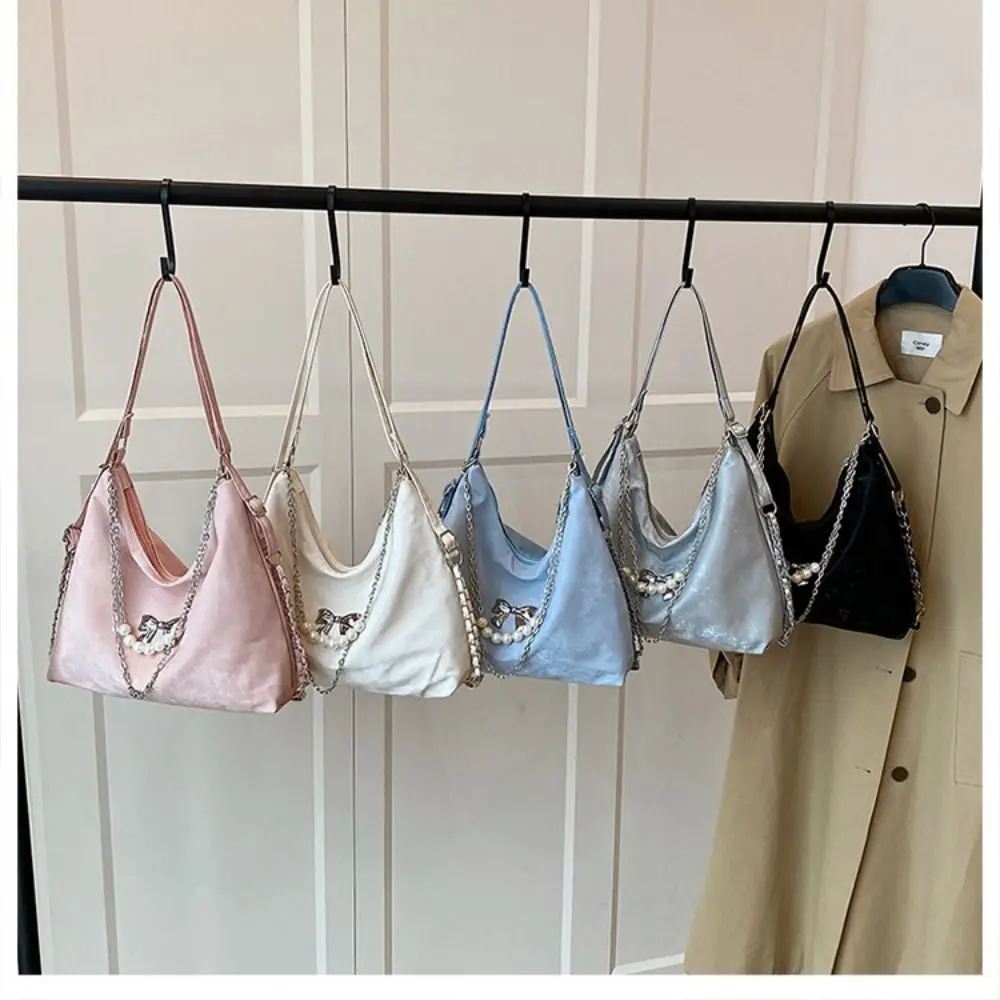 

Retro Women's Shoulder Bag PU Leather Lightweight Convertible Backpack Large Capacity Butterfly Pearl Chain Student Tote Bag
