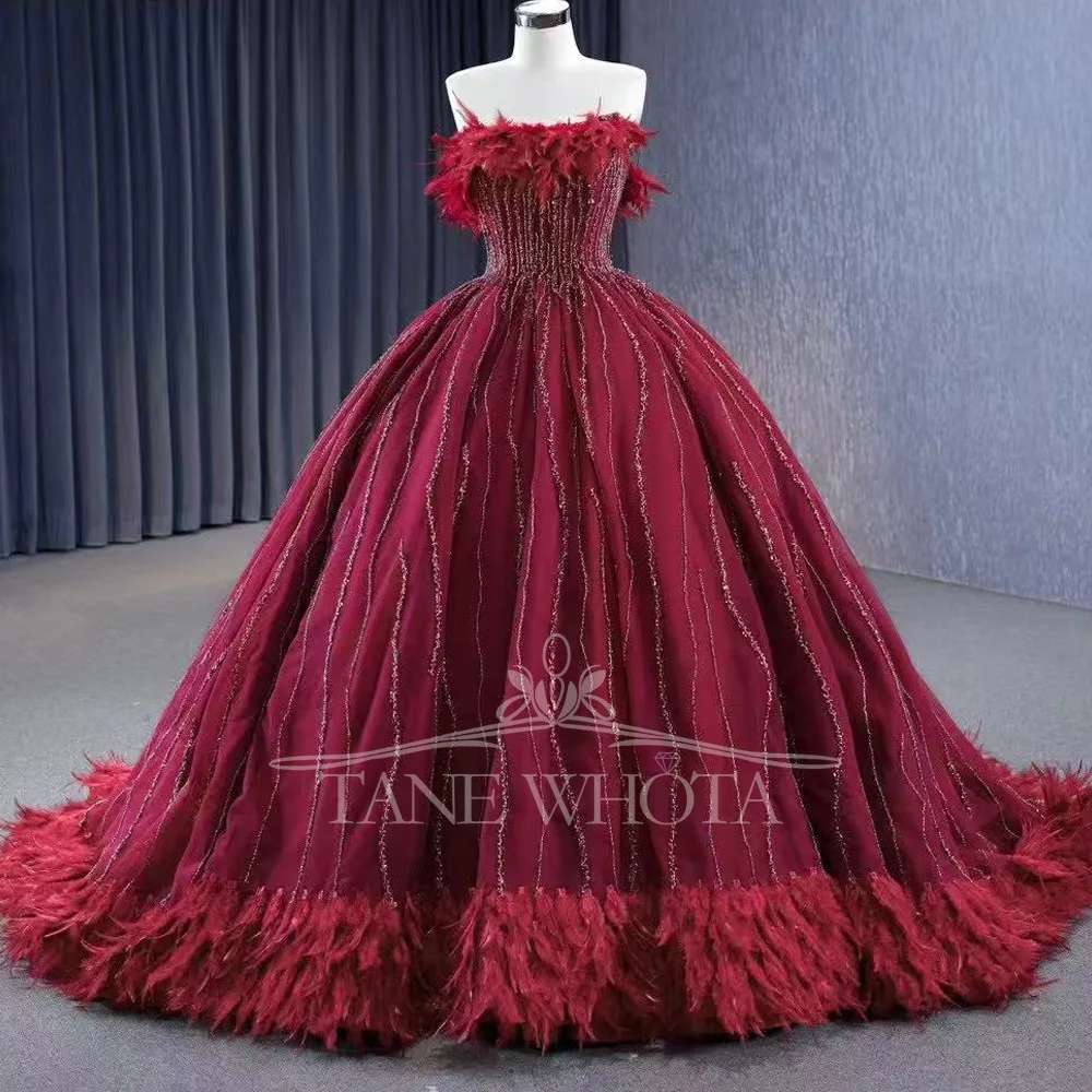 Red Strapless Evening Dress Women's Ball Gown Sleeveless Lace-Up Back Sequined & Feathers Detail Customizable for Formal Wear
