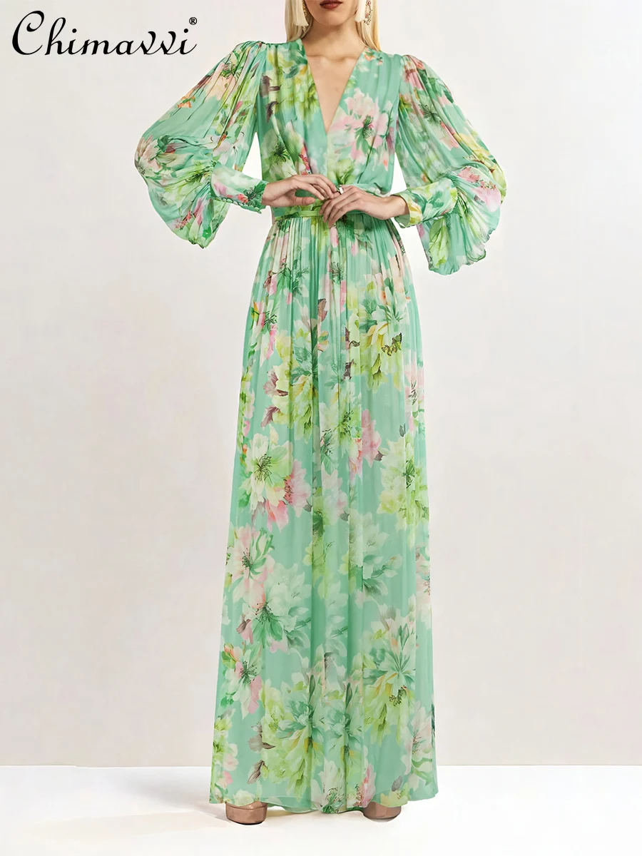 

2024 Spring Summer New High-End Green Printing Dress Fashion V-neck Lantern Sleeve High Waist Slimming Elegant Lady Dresses