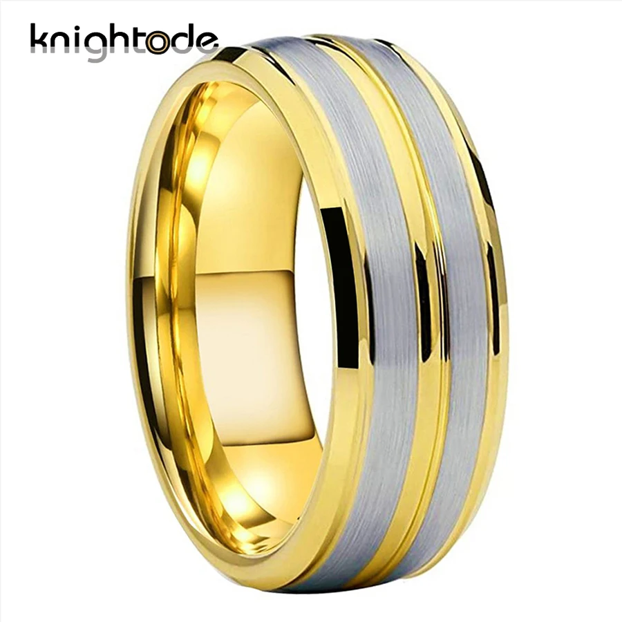 

8mm Tungsten Carbide Wedding Band Center Grooves For Men Rings Steped Beveled Edges Silvery Brushed Finish Comfort Fit