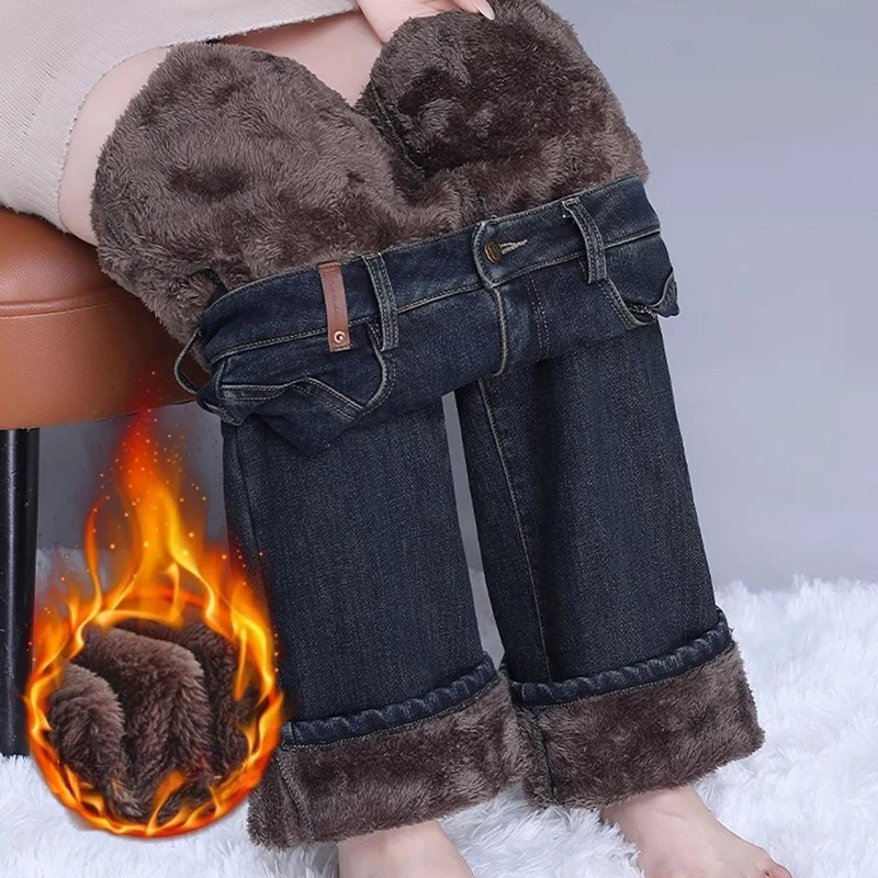 Engrossado cashmere versão estreita calças perna jeans feminino 2026 inverno nova cintura alta fina reta solta calças compridas temperamento