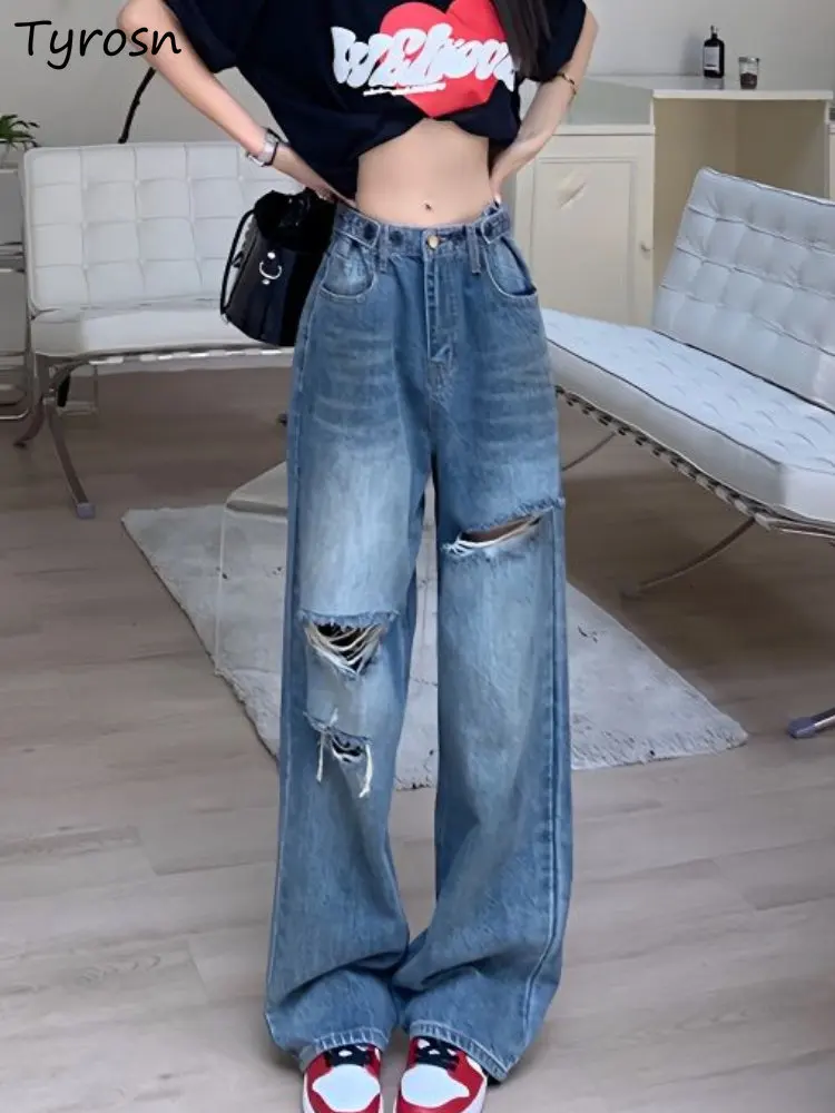 Jeans Women Solid Chic Daily Loose Simple Denim Ladies Hole Design Empire Trousers Summer All-match High Street Retro Straight