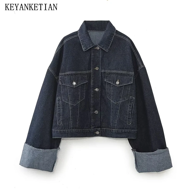 

KEYANKETIAN Autumn New Women's Collar, Single Breasted Sleeves, Rolled Edges, Retro Washed Denim Jacket, Women Coat