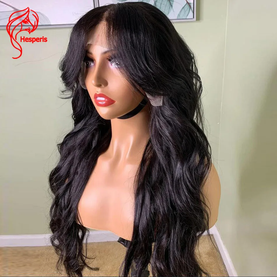 Hesperis 24 inches curtain Bang 13x6 Transparent Lace Frontal Wig Body Wave Brazilian Remy Natural Color Human Hair Wigs