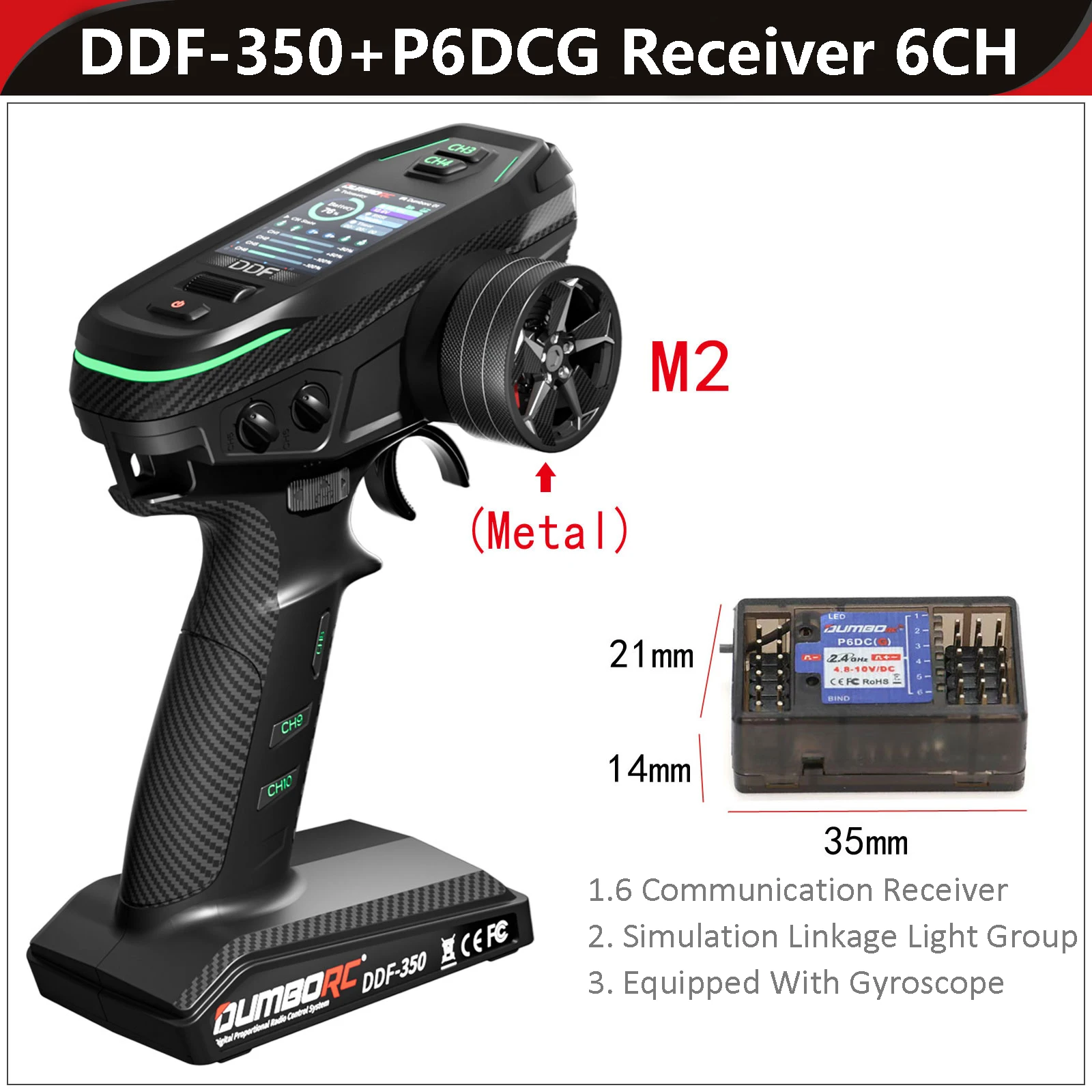 DUMBORC Telecomando DDF-350 2.4GHZ 10CH Schermo HD Trasmettitore RC con ricevitore Sistema radio per RC Auto Barca Carro Armato Aereo