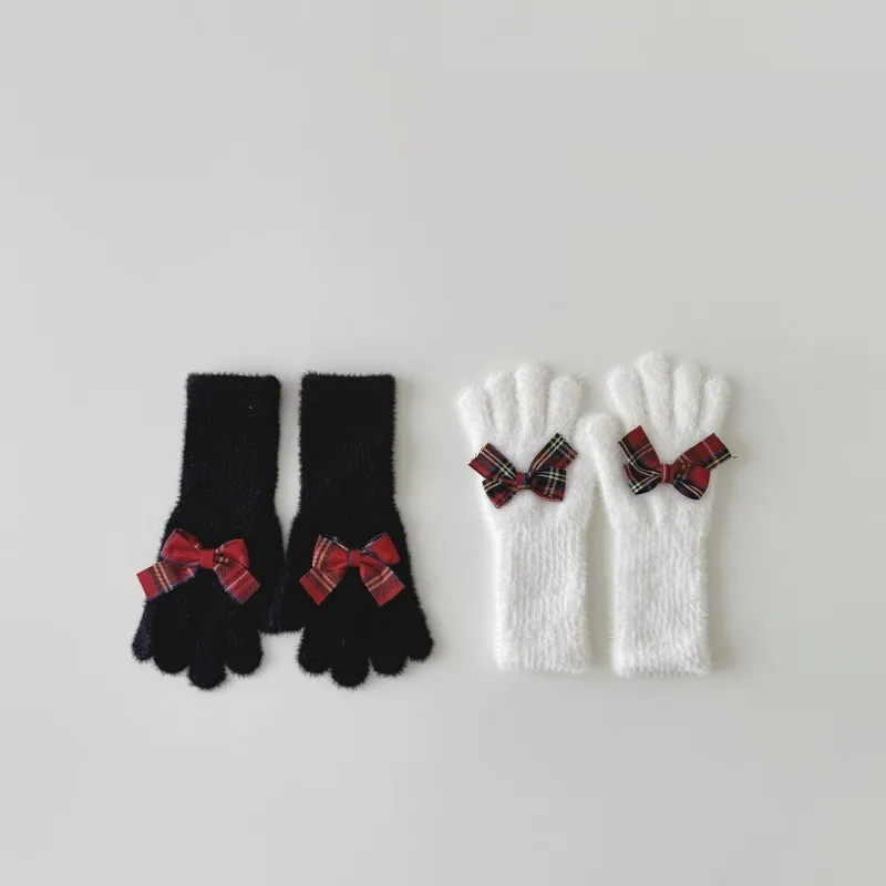 1 Pair Cute Bow Long Sleeve Glove for Kids Girl Simplicity White Black Color Princess Bow Glove Warm Furry Winter Outdoor Glove