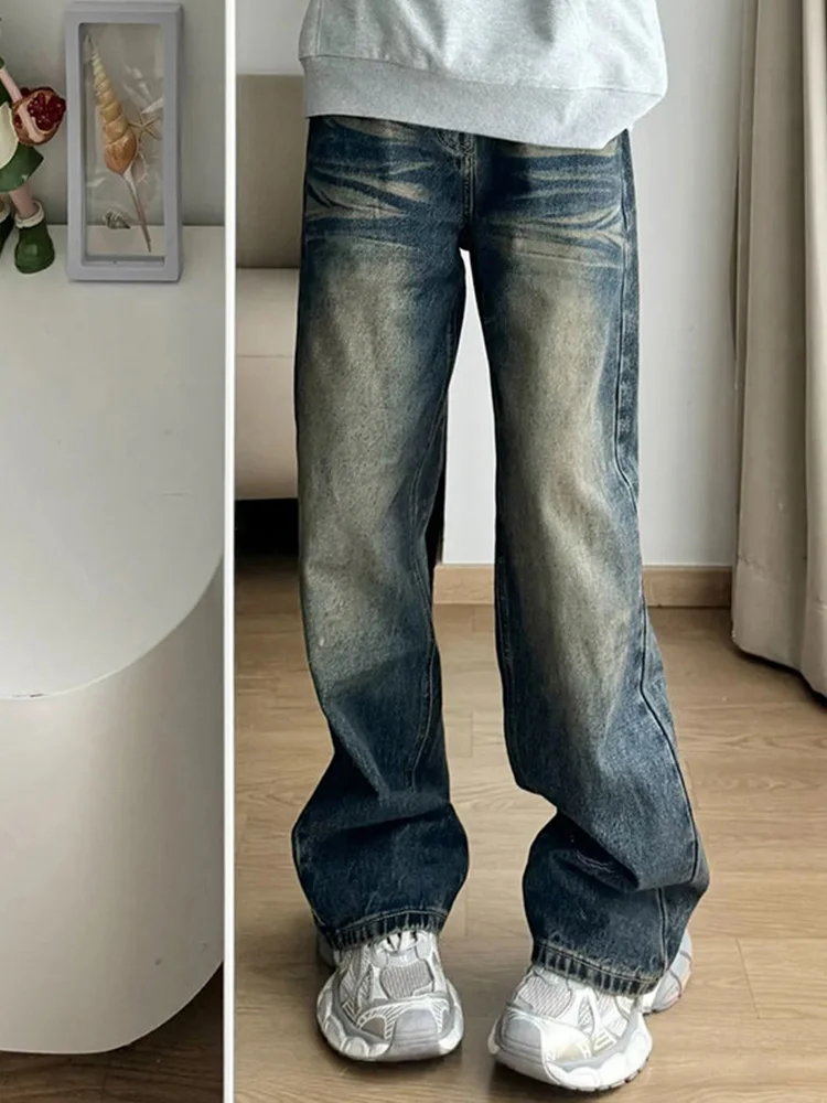 

Мужские широкие джинсы в стиле ретро, синие, свободного кроя, в американском стиле, слегка расклешенные, модные, прямые, длинные брюки в уличном стиле