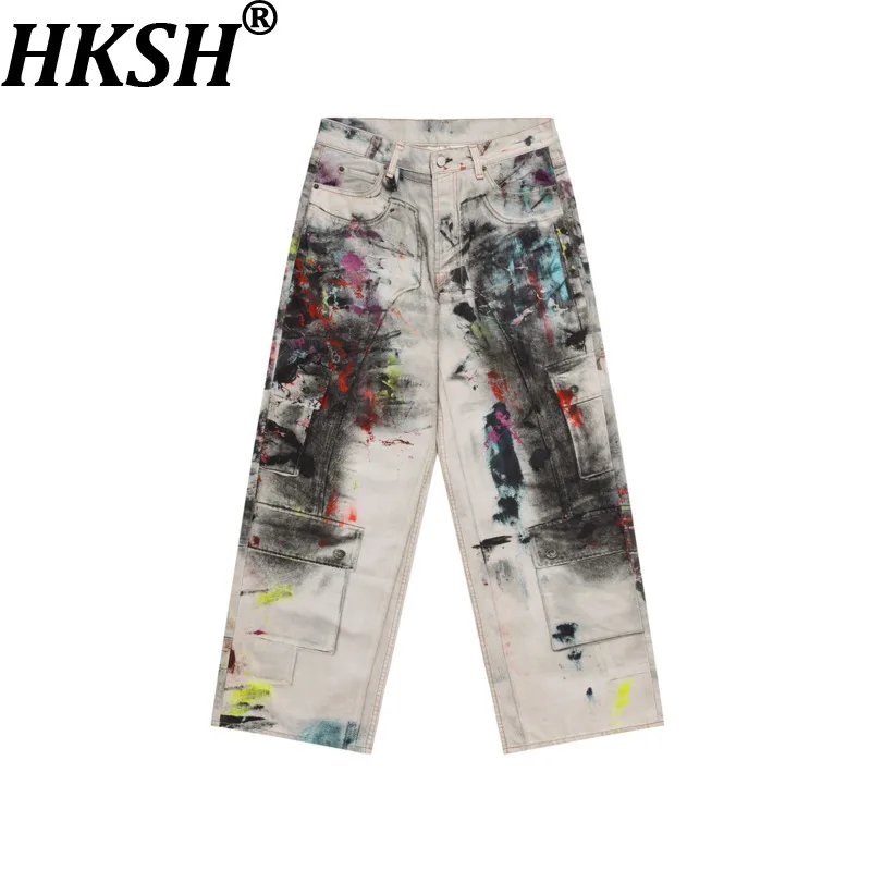 HKSH Spring Autumn New Men Tide Fashion Washed Ink Dirty 3D Digital Print Jeans Ins High Street Casual Chic Denim Pants HK14365