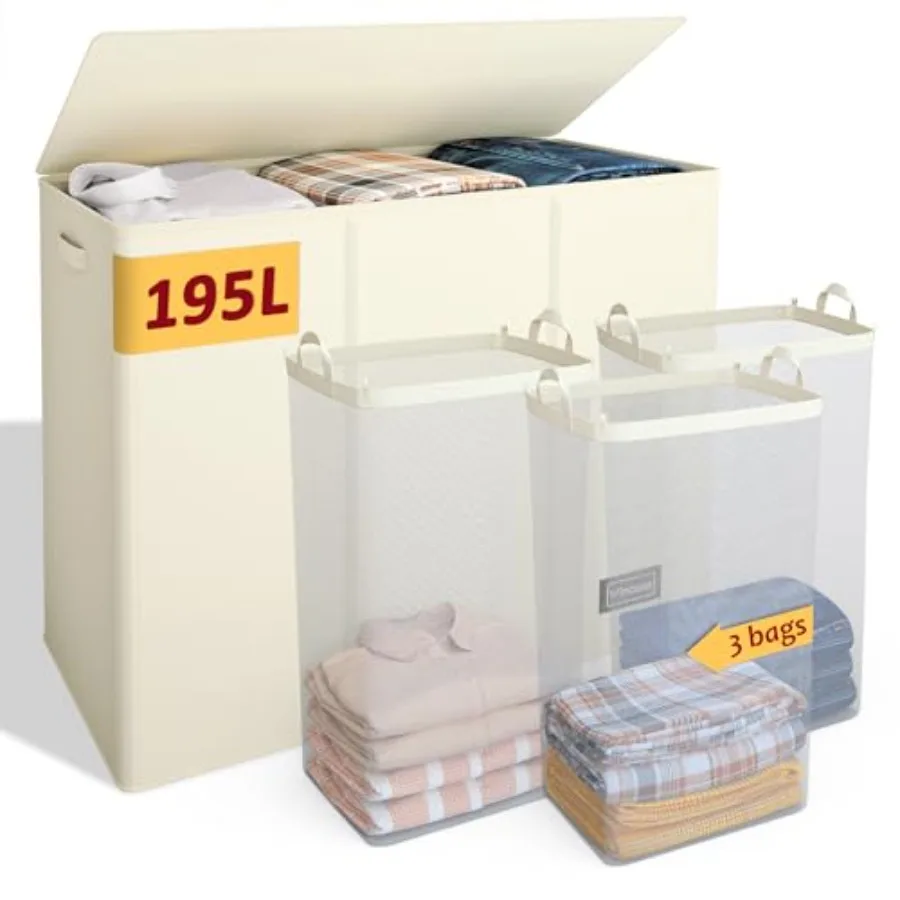 

Корзина для белья с 3 секциями, большая корзина для грязного белья с крышкой, корзина для белья с 3 внутренними мешками, складная корзина для белья, органайзер