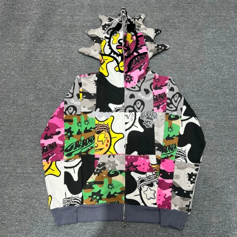 Spike Hooded Patchwork Zip Sweatshirt Men Women Glo Gang Sun Face Graffiti Oversized Streetwear Jacket