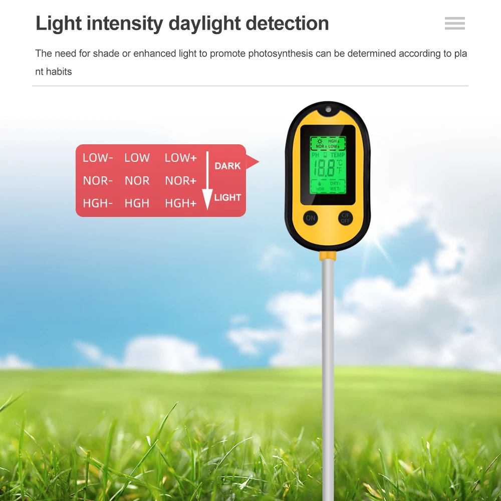Medidor de PH 5 en 1 para la humedad del suelo, medidor de acidez en maceta, Sensor de humedad del suelo, Kit de prueba de luz solar para plantas