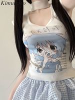 Kimutomo 2025 New Summer Japanese Cute Girl Cartoon Printed Crop Tank Tops Stretch Slim Fit Camis New Y2k Top Harajuku