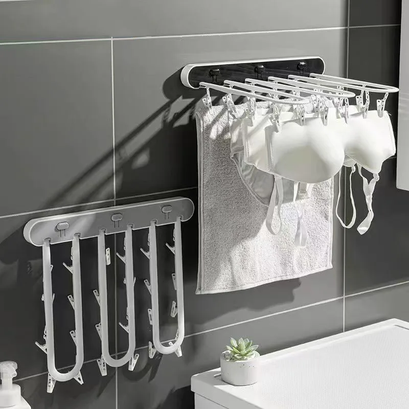 Balcony Foldable Underwear Sock Drying Rack 24 Clip Storage Panties Bra Hanging Bathroom Towel Organizer No Punch Space Saving