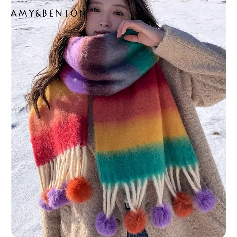 

Japanese Colorful Mohair Scarf Winter Wrap Women's High-end Sense Atmosphere Rainbow Striped Super Long Hairball Scarves Female