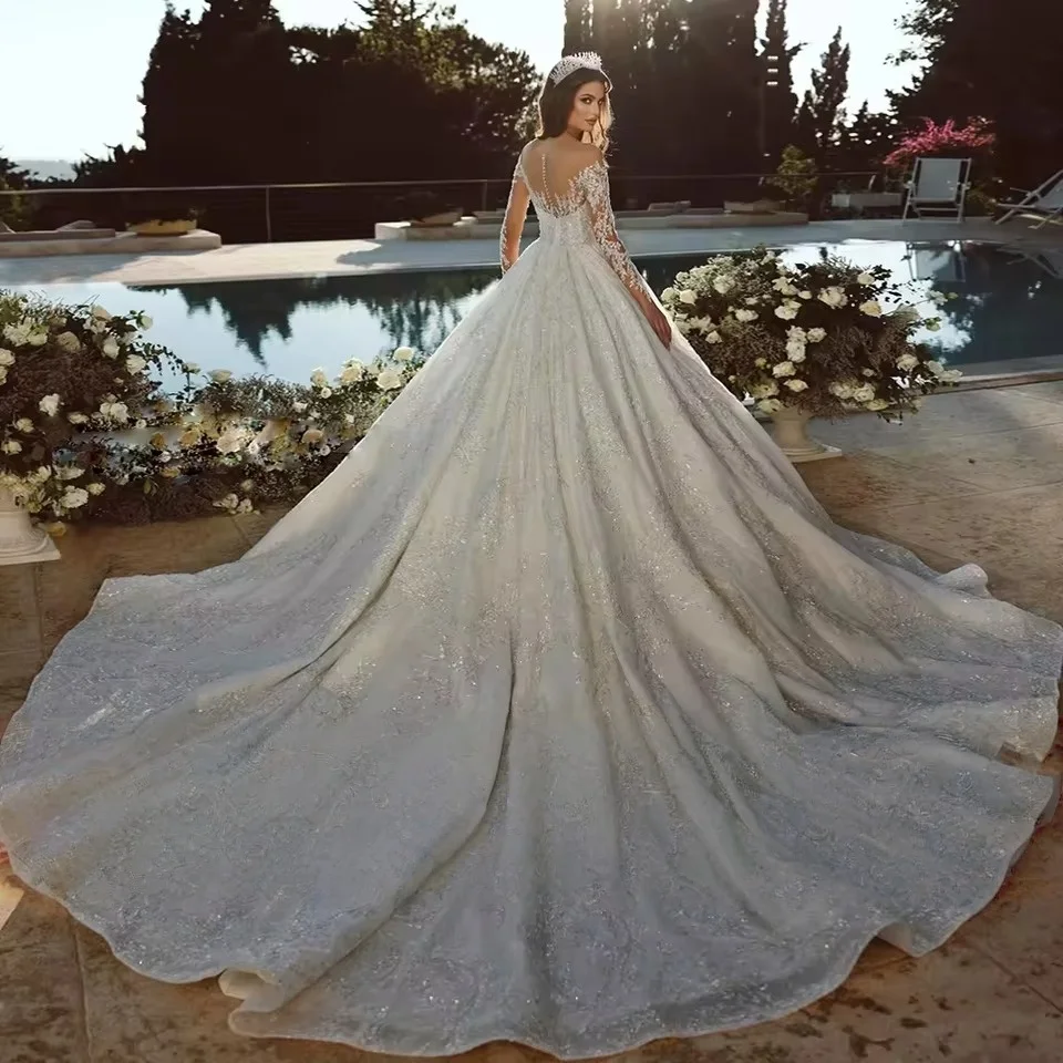 Shiny Ball Gown Wedding Dress Long Sleeve Beading Tulle Luxury Button Back Bridal Gown Vestidos de Novia Hochzeitskleid Trouwjur