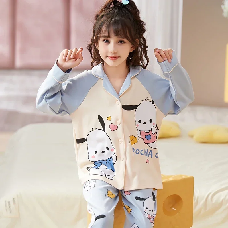 Sanrio Hello Kitty Fall Pure Cotton Long Sleeve Trousers Casual Children Pajamas Home Wear Silk Pajamas Women\'s Sleepwear Suit