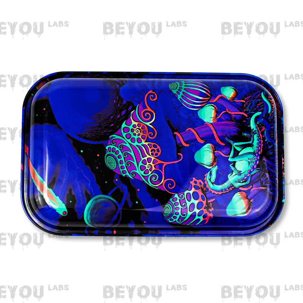 Mushroom Rolling Tray Lid Set Double Surface Pattern Colorful Metal Grinder Cigarette Paper Storage Plate Custom Logo