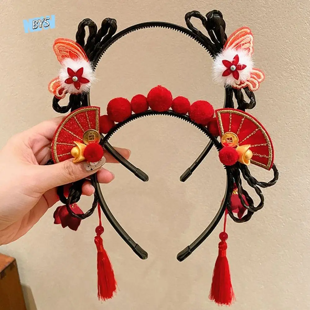 

Flower Children Wig Headband Tassel Braid Hair Hanfu Hair Sticks Girl Hair Accessories Ancient Style Chinese New Year Headwear