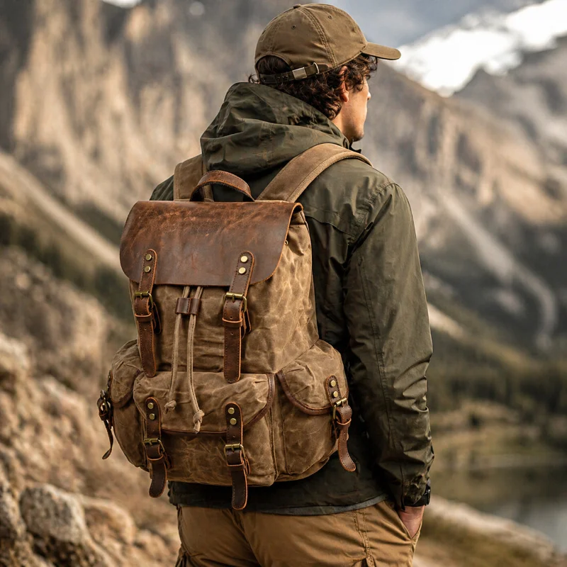 Men Waxed Canvas Backpack Large Capacity Travel Rucksack Vintage Drawstring Student School Bag Casual Daypack